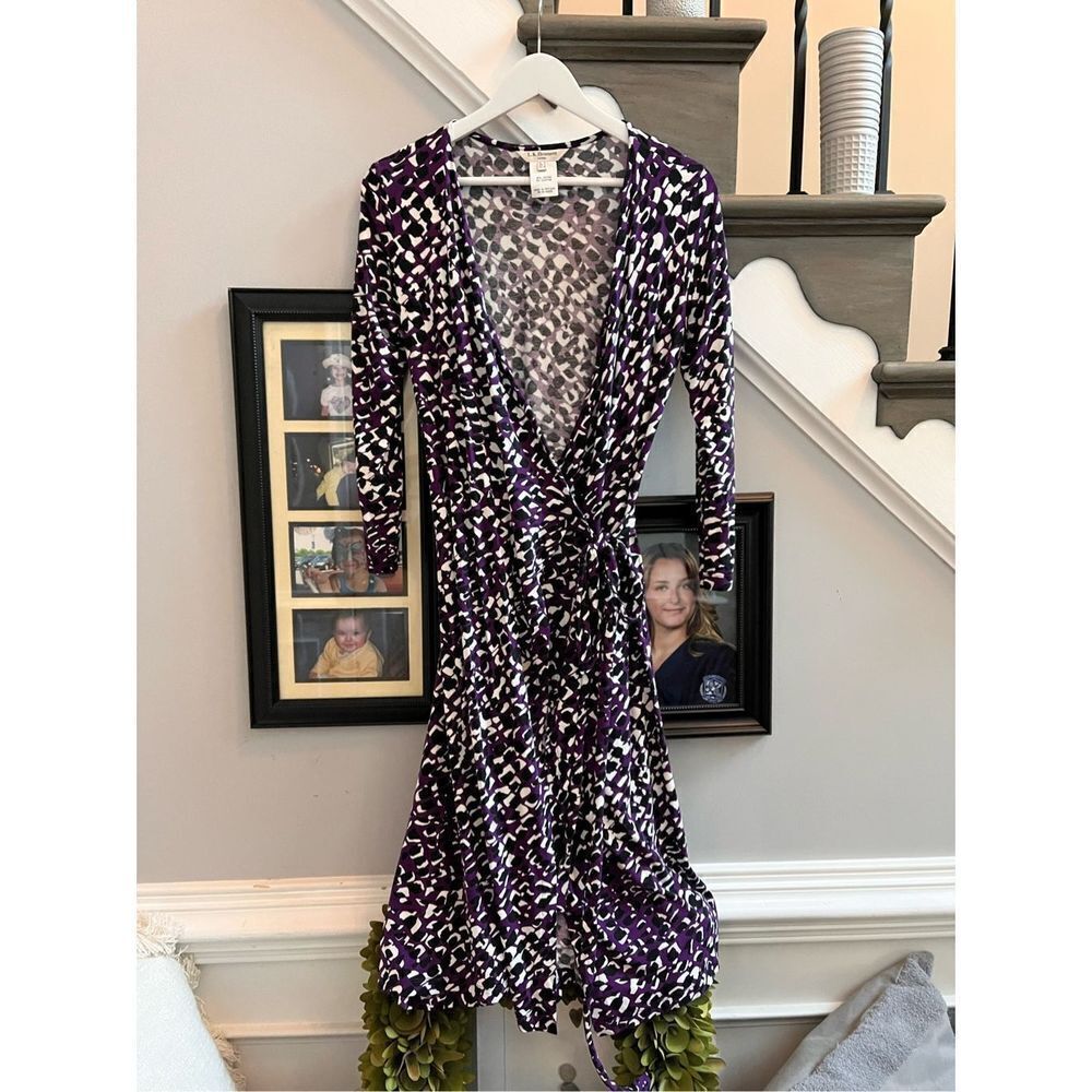 L. K. Bennett Purple Black White Print True Wrap Dress sz 4